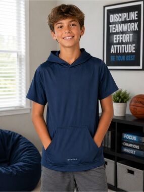 Spyder Boys Large 12/14 Navy Performance Hooded Short Sleeve Pocket Athletic